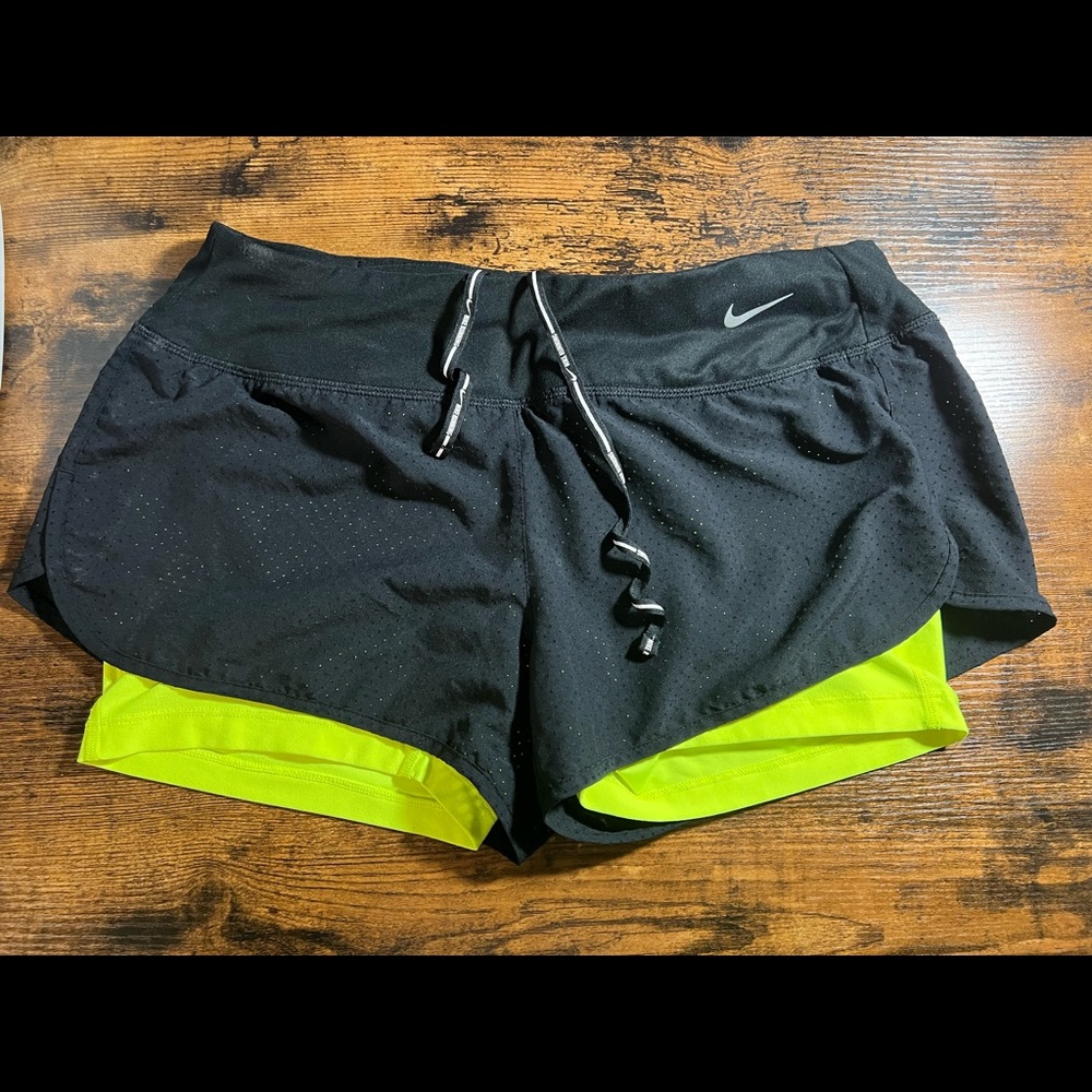 Women’s Nike Dri-Fit Shorts Size Medium Black with Neon Yellow Spandex
